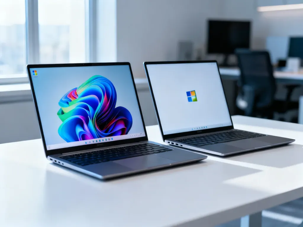 Dwa nowoczesne laptopy na biurku, prezentujące różnice w interfejsie systemów Windows 11 Home oraz wersji N.