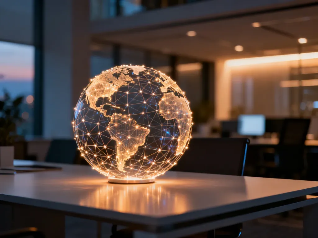 Świecący cyfrowy model Ziemi na biurku, symbolizujący globalny rozwój i zrównoważone technologie.