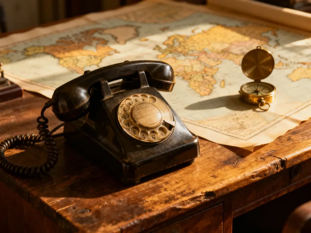 Starodawny telefon z tarczą numerową na drewnianym biurku w otoczeniu mapy świata i kompasu.