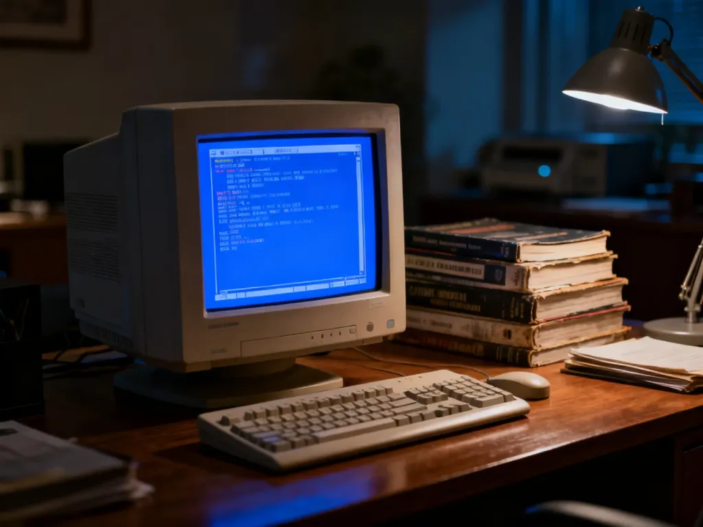 Stary monitor komputerowy wyświetlający klasyczny interfejs systemu Windows w przyciemnionym biurze.