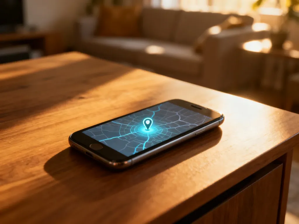 Smartfon z wyświetloną mapą i pinezką lokalizacji na drewnianym biurku, symbolizujący śledzenie położenia dziecka.