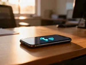 Nowoczesny smartfon leżący na drewnianym biurku z wygaszonym ekranem, gotowy do uruchomienia.