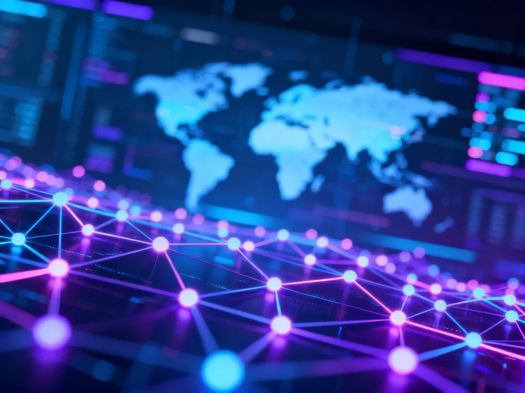 Futurystyczny interfejs cyfrowy z siecią neuronową, symbolizujący zaawansowane technologie sztucznej inteligencji.