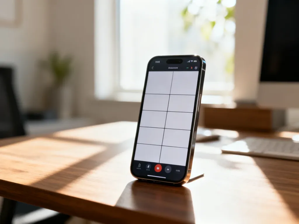 Nowoczesny smartfon z otwartą aplikacją do wideokonferencji leżący na biurku w jasnym domowym biurze.