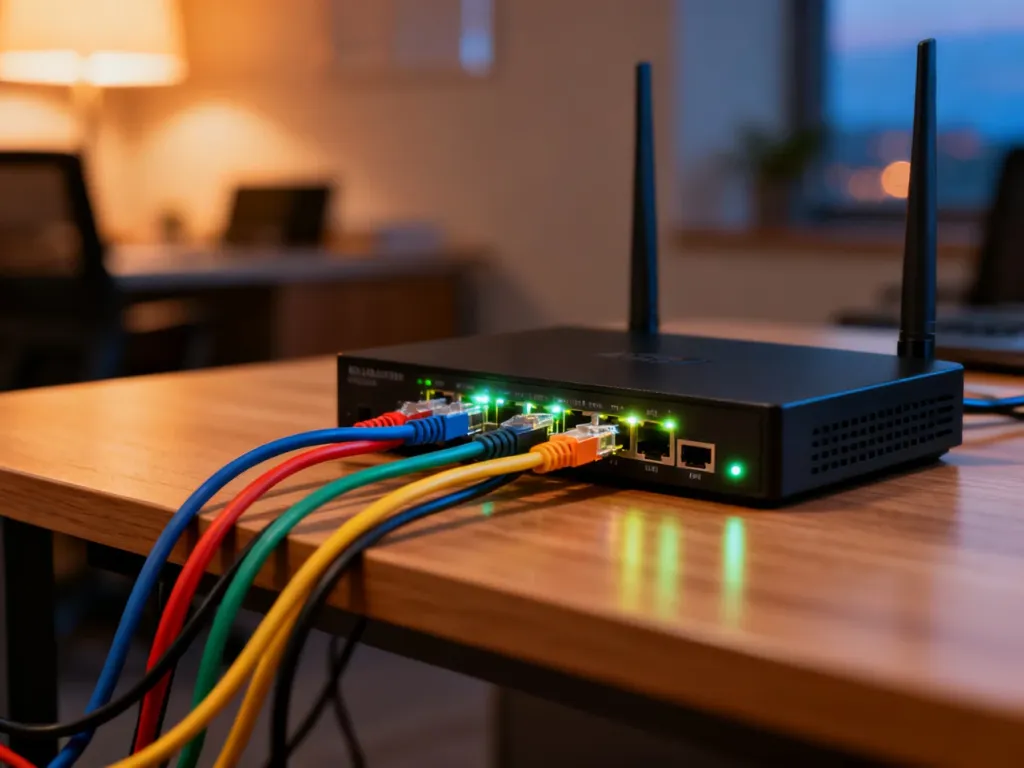 Nowoczesny router i switch z podłączonymi kablami Ethernet na drewnianym biurku, ukazujące różnice w sprzęcie sieciowym.