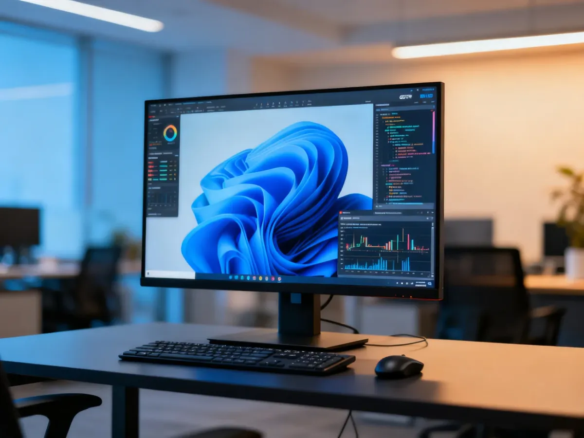 27-calowy monitor QHD na przestronnym biurku do wielozadaniowej pracy