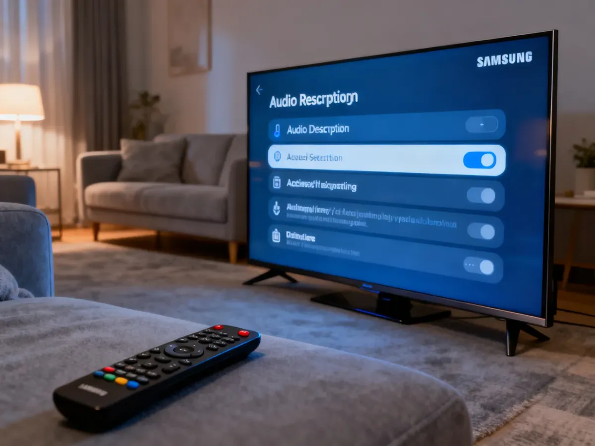 Telewizor Samsung z menu ustawień audiodeskrypcji i pilotem na pierwszym planie