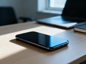Nowoczesny smartfon z ikoną tarczy na ekranie na tle cyfrowego kodu, symbolizujący bezpieczeństwo i ochronę urządzenia.
