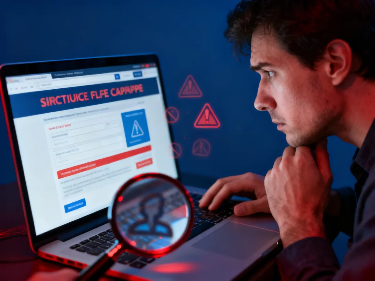 Użytkownik analizujący podejrzaną fałszywą CAPTCHA na laptopie