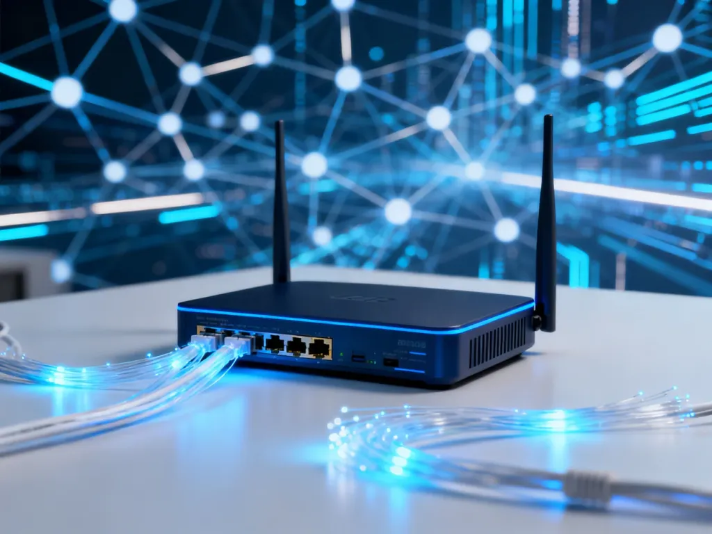 Nowoczesny router Wi-Fi na biurku z przewodami światłowodowymi i cyfrową siecią w tle, symbolizujący szybką łączność.
