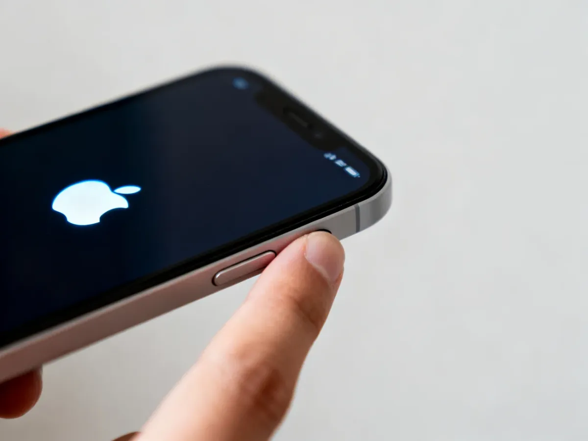 Dłoń przytrzymująca boczny przycisk iPhone’a podczas uruchamiania telefonu