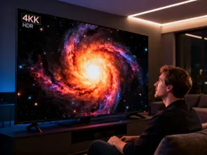 Nowoczesny hub smart home na drewnianym stole, otoczony świecącymi ikonami sygnałów Zigbee i Wi-Fi.