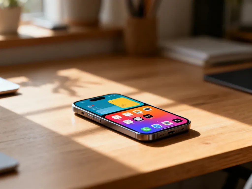 Nowoczesny smartfon na drewnianym biurku z widocznym podziałem ekranu prezentującym interfejsy systemów iOS i Android.