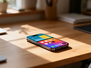Nowoczesny smartfon z kolorową grafiką na ekranie, symbolizującą działanie systemu operacyjnego Android.