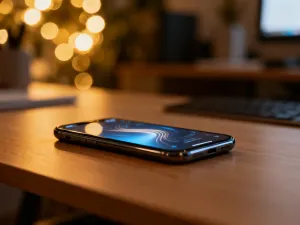 Nowoczesny router Wi-Fi z diodami LED na drewnianym biurku w przytulnym domowym biurze.