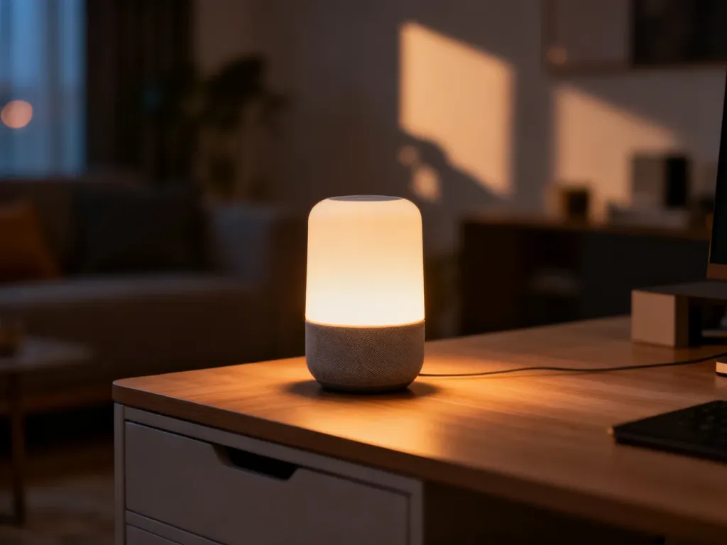 Nowoczesny inteligentny głośnik Alexa na drewnianym biurku w przytulnym, wieczornym wnętrzu.