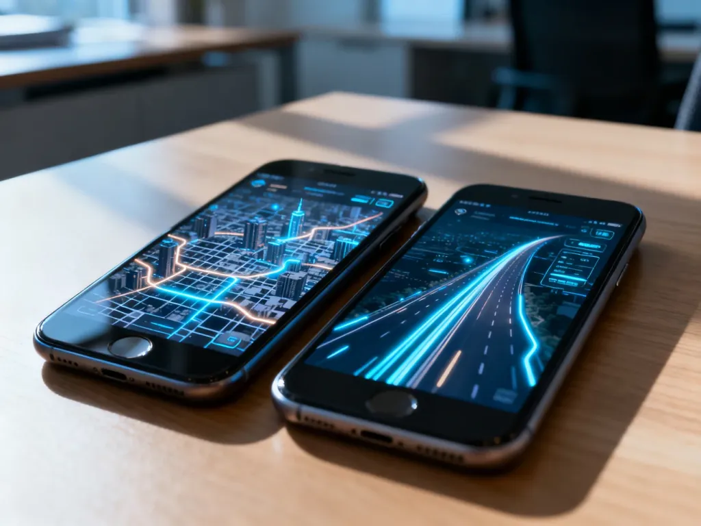 Dwa smartfony z otwartymi aplikacjami map leżące na biurku, prezentujące interfejsy nawigacji Google Maps i Apple Maps.