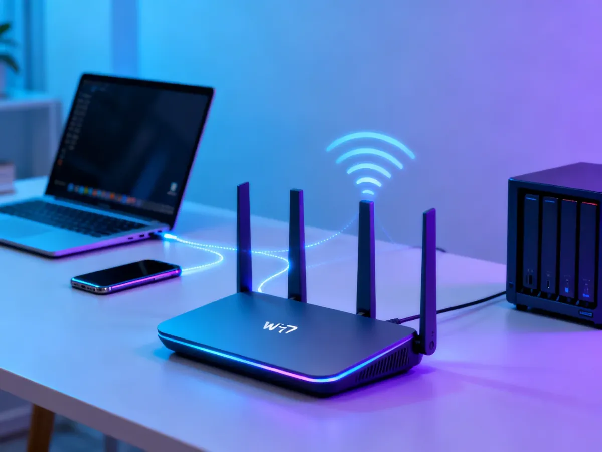 Nowoczesny router Wi-Fi 7 łączący laptop, smartfon i serwer NAS