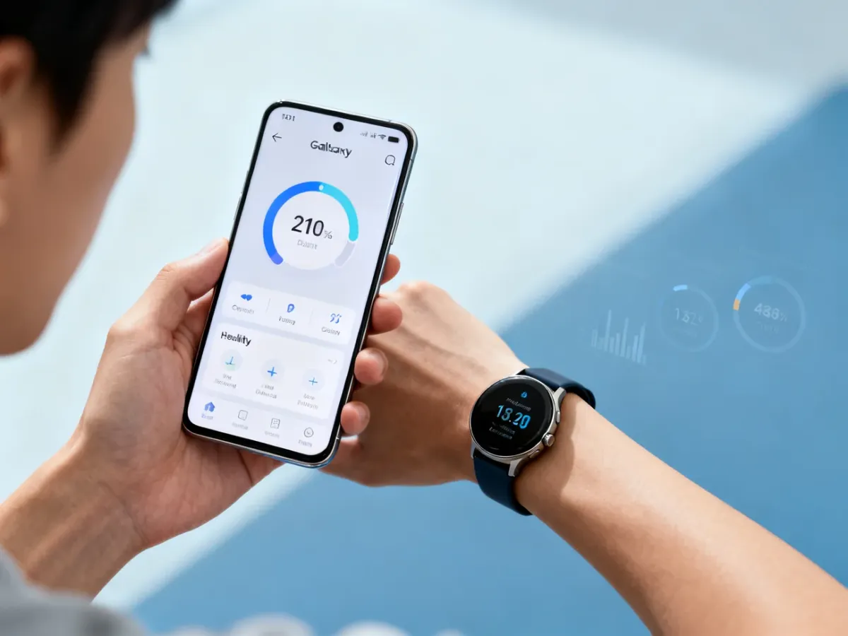 Użytkownik synchronizujący aplikację zdrowotną ze smartwatchem Galaxy
