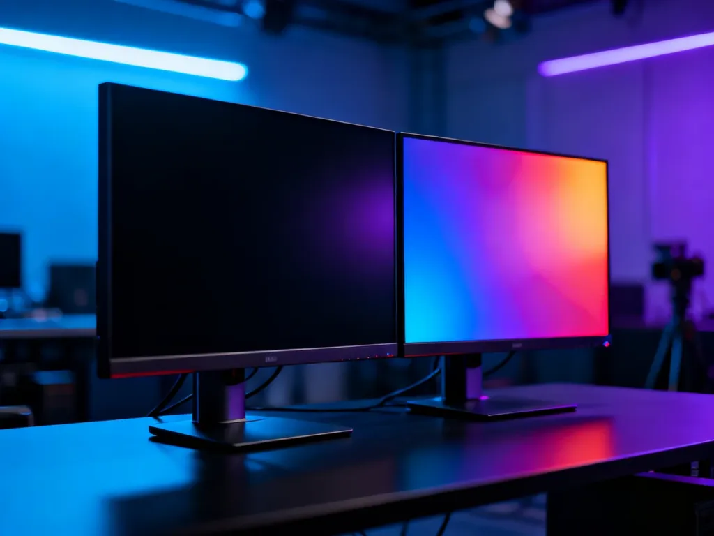 Dwa monitory ustawione obok siebie, prezentujące różnice w głębi czerni oraz nasyceniu barw technologii OLED i QD-OLED.