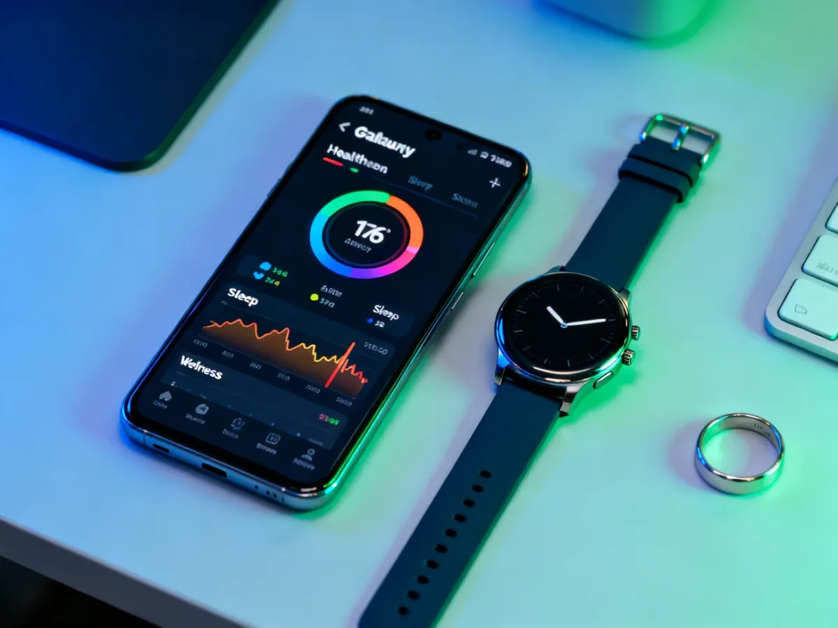 Smartfon z aplikacją monitorującą zdrowie obok zegarka i pierścienia Galaxy