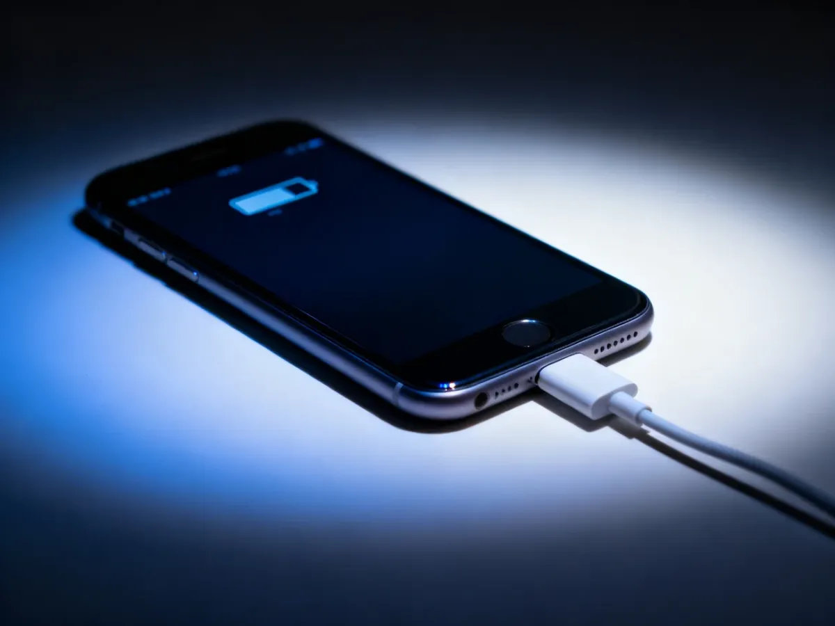 iPhone podłączony do ładowarki z widoczną ikoną ładowania baterii