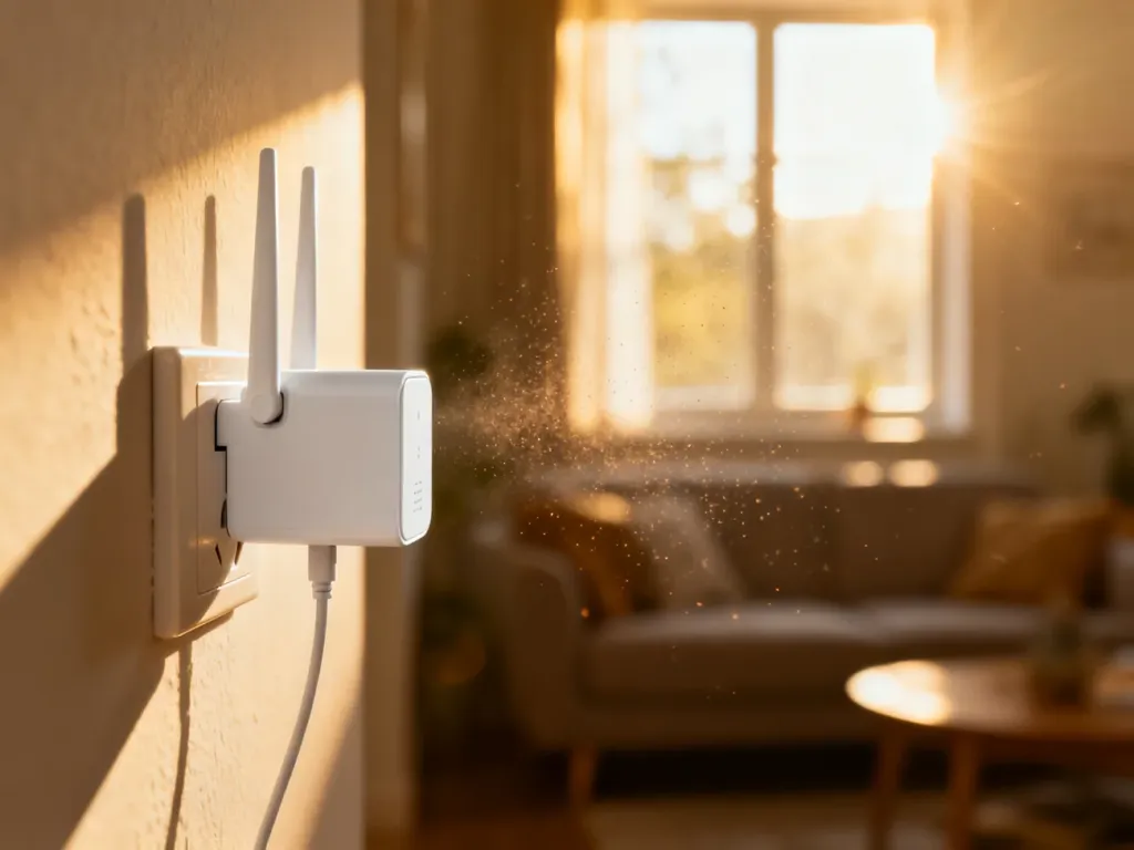 Nowoczesny wzmacniacz sygnału Wi-Fi wpięty do gniazdka elektrycznego w przytulnym salonie.