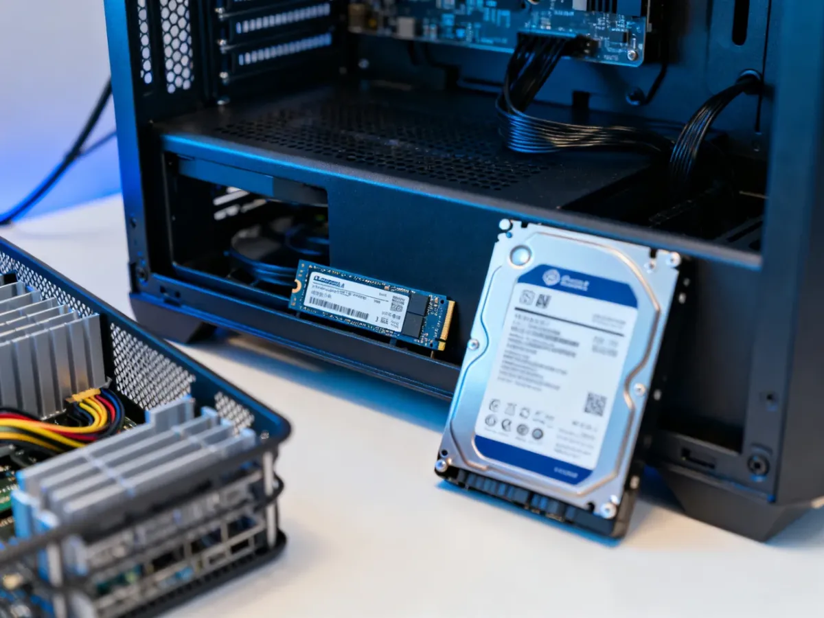 Dysk SSD i HDD przedstawione obok otwartej obudowy komputera