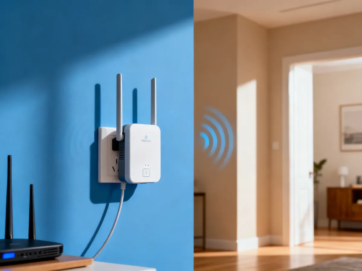 Wzmacniacz Wi-Fi ustawiony w połowie drogi między routerem a miejscem słabego zasięgu