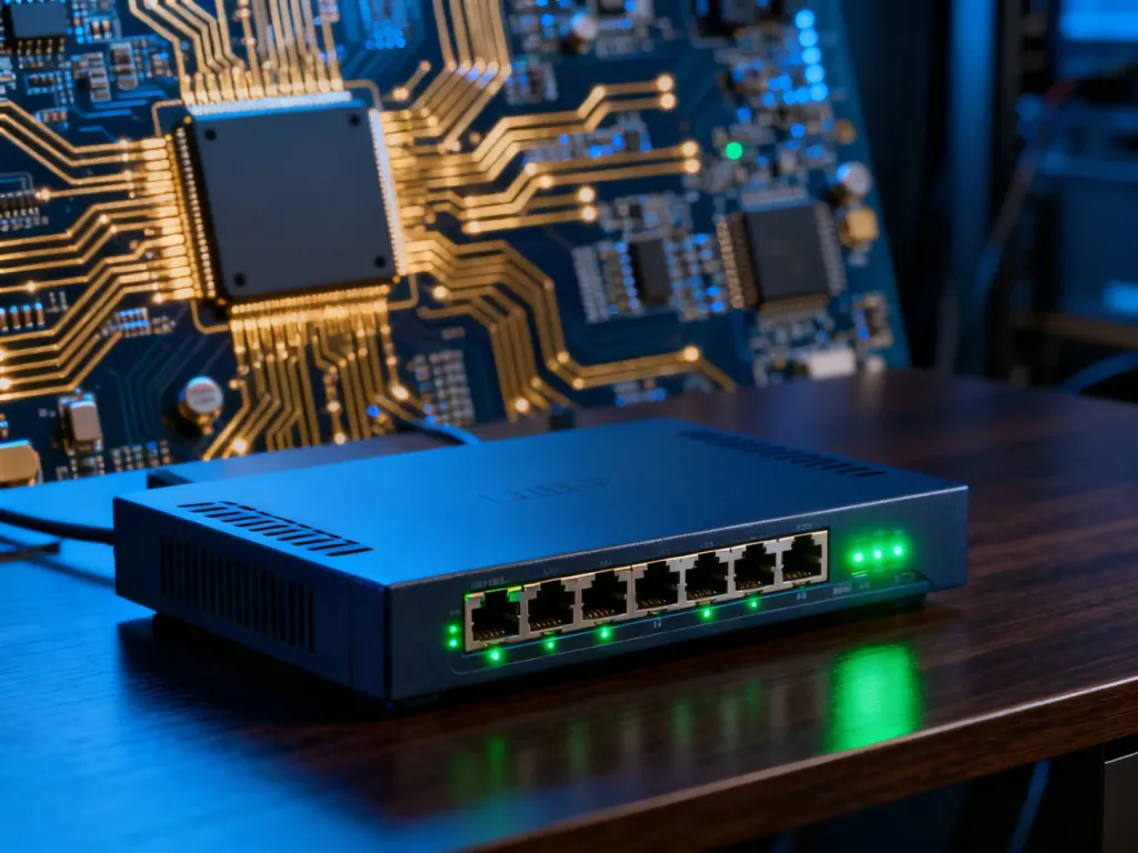 Nowoczesny router sieciowy z podświetlanymi diodami LED na drewnianym biurku, symbolizujący infrastrukturę sieciową.