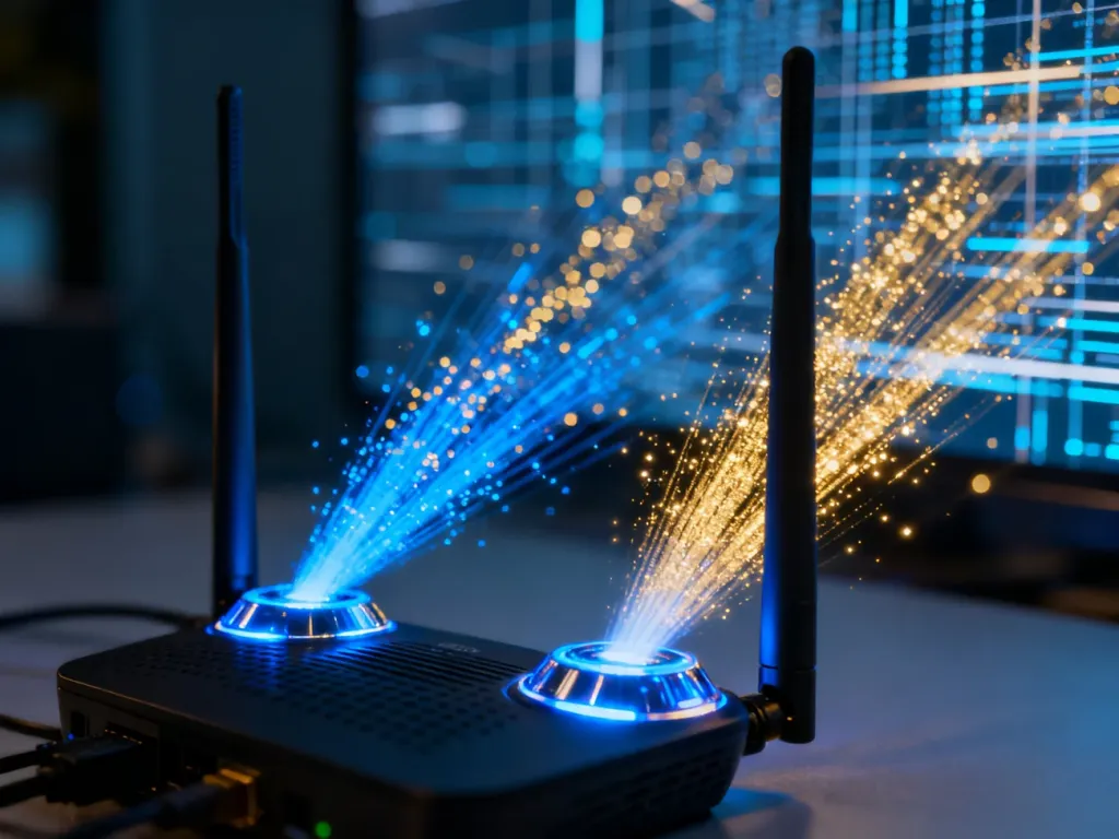 Futurystyczne anteny routera emitujące strumienie danych, symbolizujące ewolucję technologii Wi-Fi i szybką łączność bezprzewodową.