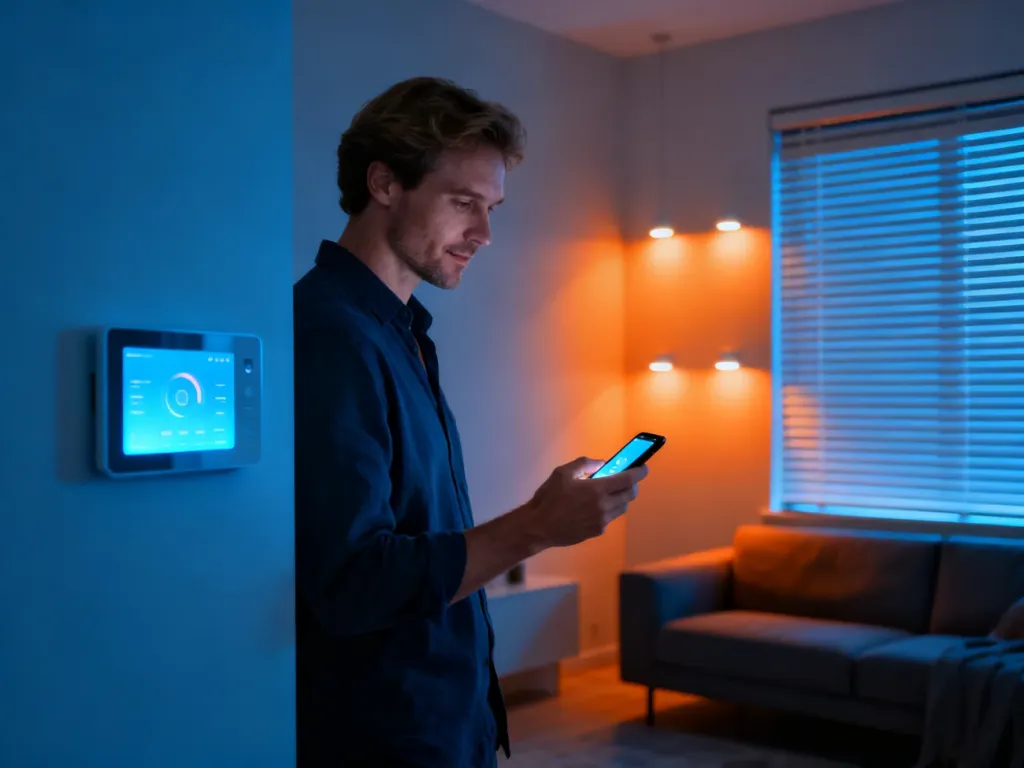 Mężczyzna steruje oświetleniem w nowoczesnym inteligentnym domu za pomocą smartfona z cyfrowym interfejsem.