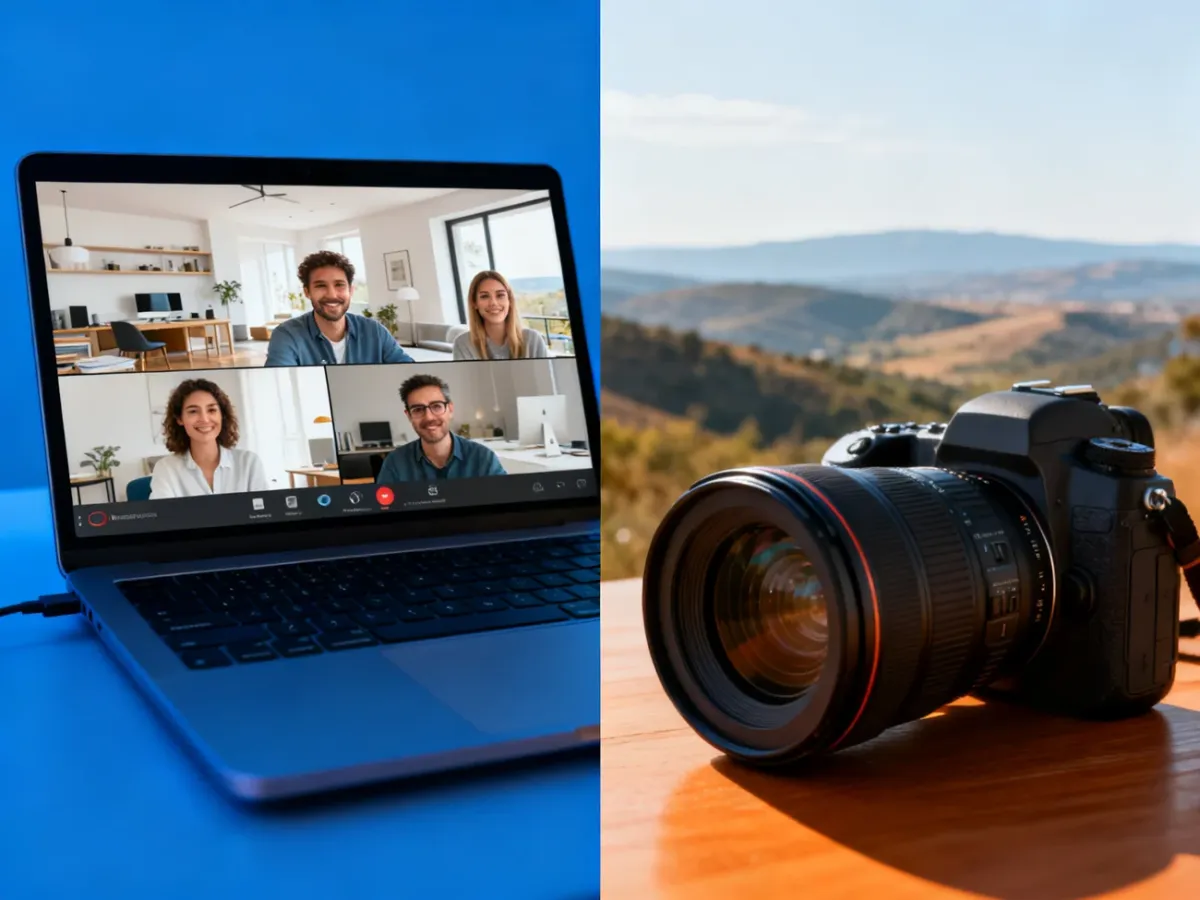 Laptop do wideokonferencji i aparat fotograficzny z obiektywem zmiennoogniskowym