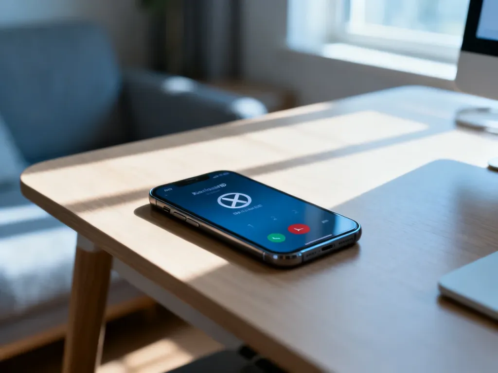 Smartfon na drewnianym biurku z widocznym interfejsem połączenia przychodzącego od nieznanego numeru.