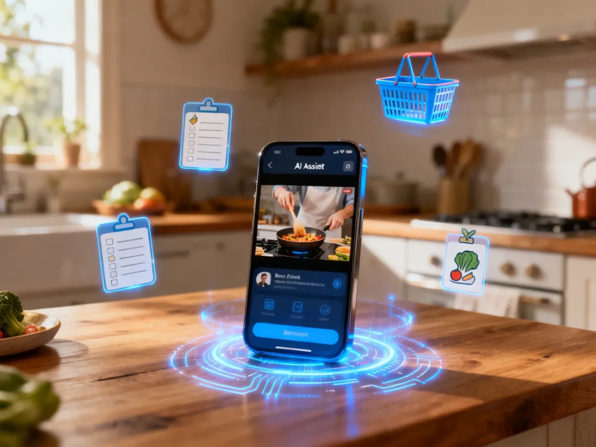 Smartfon z asystentem AI analizującym film kulinarny i pomagającym zaplanować zakupy
