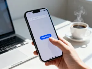 Smartfon na ciemnym biurku z cyfrowym tłem symbolizującym cyberbezpieczeństwo i ochronę prywatności danych.