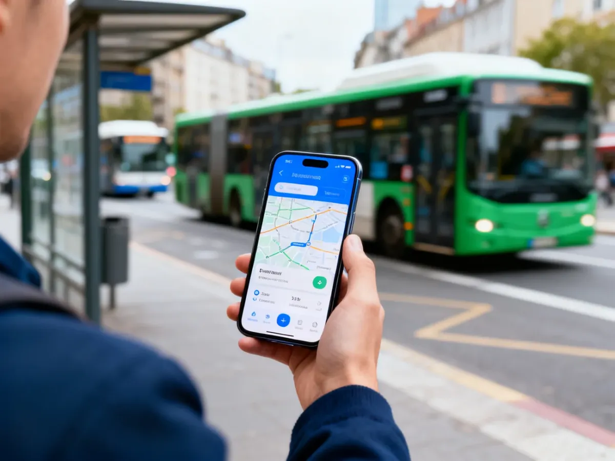 Smartfon z aplikacją do planowania podróży komunikacją miejską na tle przystanku autobusowego