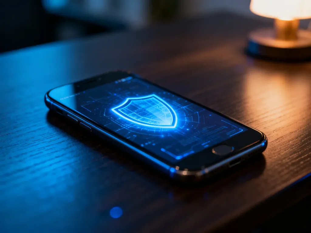 Smartfon z ikoną cyfrowej tarczy na ekranie, symbolizujący ochronę prywatności i bezpieczeństwo danych w telefonie.
