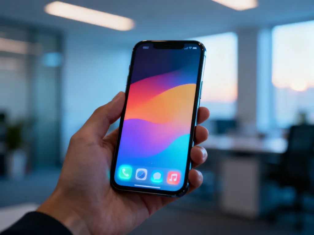 Dłoń trzymająca nowoczesny smartfon z kolorowym interfejsem aplikacji na ekranie w biurowym otoczeniu.
