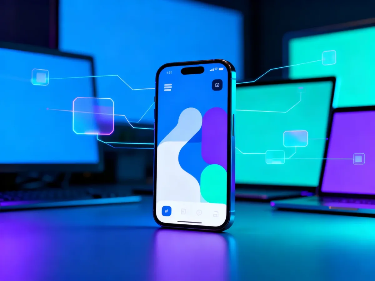 Smartfon przedstawiający aplikację hybrydową działającą na różnych platformach