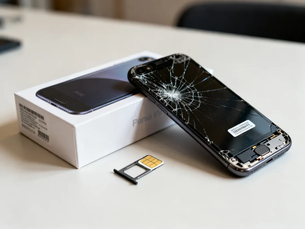 Uszkodzony telefon, tacka SIM i pudełko z etykietą identyfikacyjną