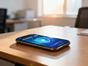 Nowoczesny smartfon leżący na minimalistycznym biurku w promieniach popołudniowego słońca.