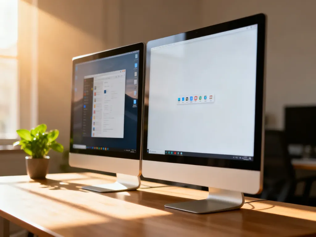 Dwa monitory na biurku prezentujące interfejsy systemów Windows 10 oraz Windows 11 w domowym biurze.
