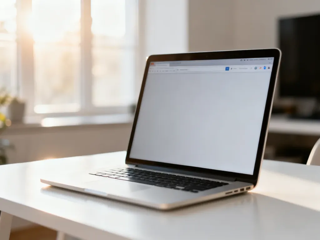 Nowoczesny laptop z minimalistycznym interfejsem przeglądarki na ekranie, ustawiony na biurku w jasnym domowym biurze.