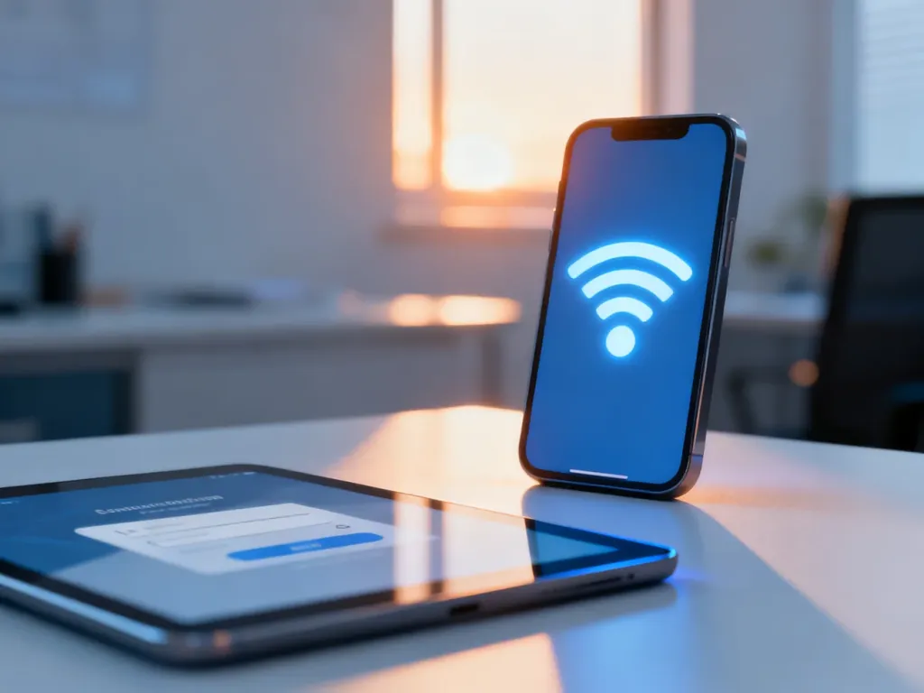 Ikona Wi-Fi na ekranie smartfona symbolizująca proces uwierzytelniania w sieci w nowoczesnym biurowym otoczeniu.