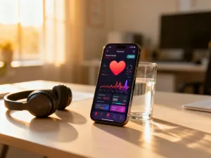 Nowoczesny smartfon leżący na drewnianym biurku, symbolizujący sprawdzanie ustawień urządzenia.