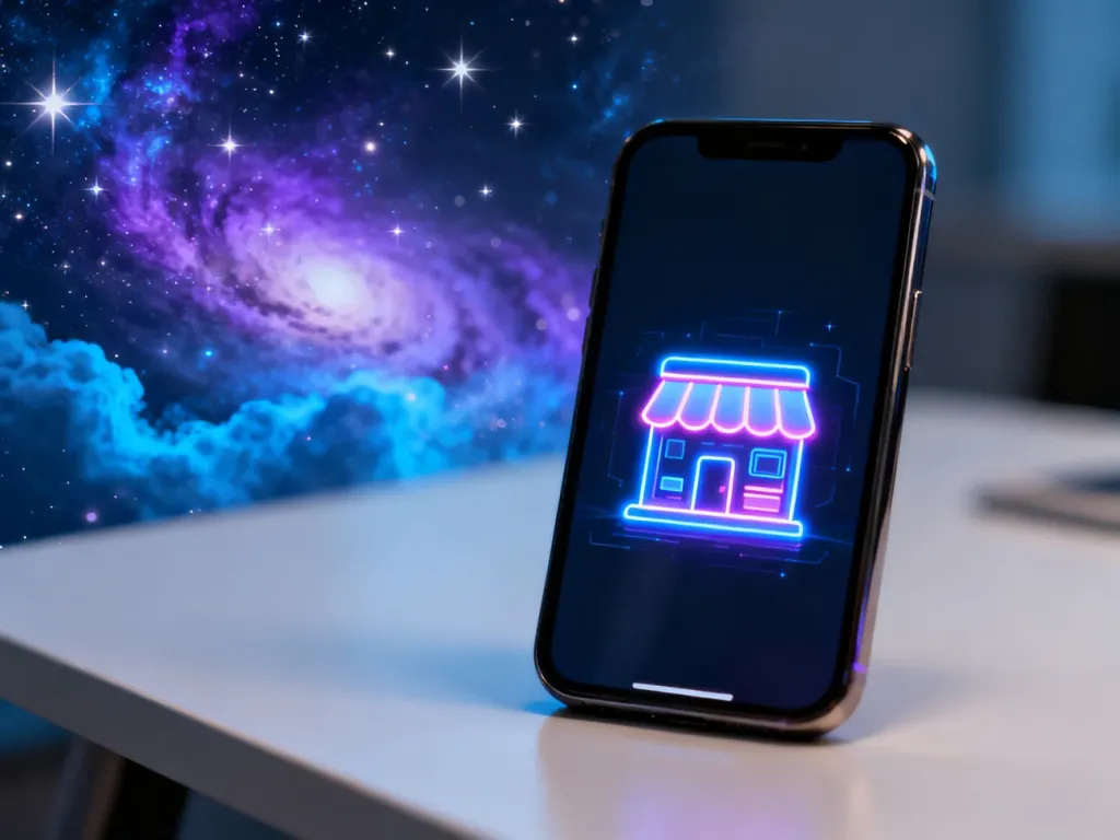 Smartfon z ikoną sklepu z aplikacjami na tle abstrakcyjnej galaktyki, symbolizujący dostęp do cyfrowych treści.