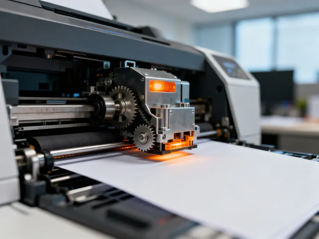 Wnętrze nowoczesnej drukarki laserowej z widocznymi mechanizmami podajnika papieru i pracującymi podzespołami.