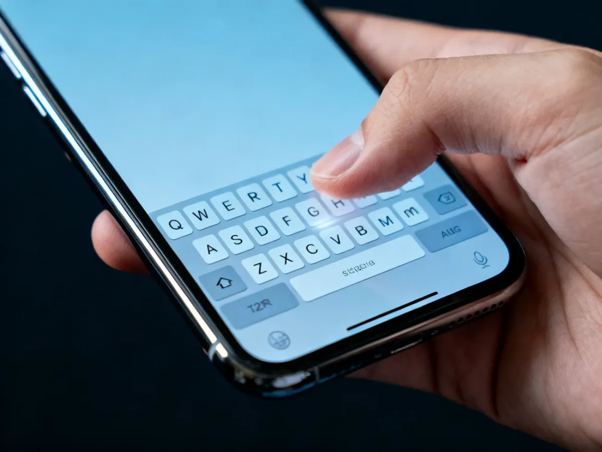 Dłoń pisząca na klawiaturze iPhone’a z włączoną haptyką