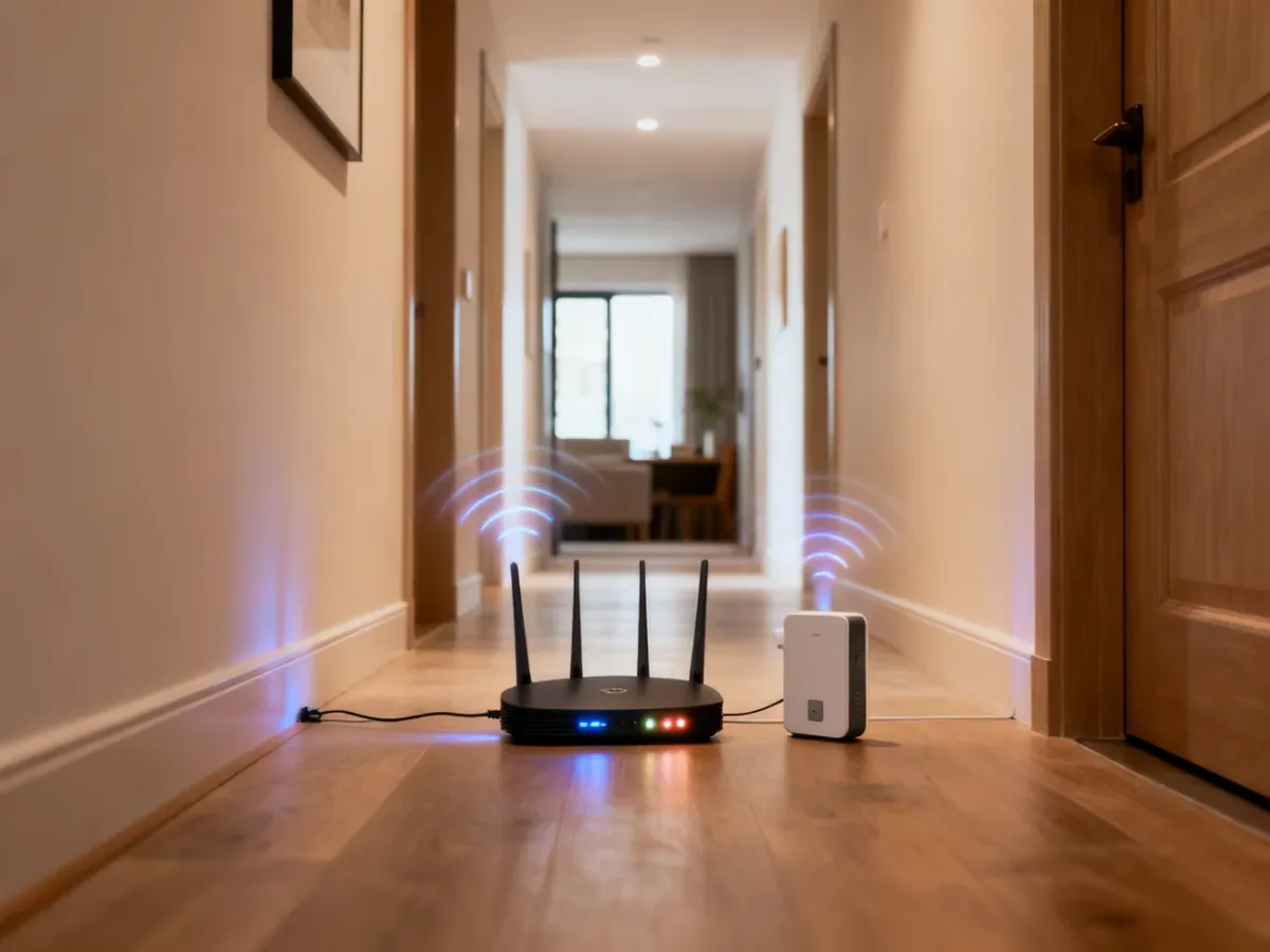 Router i wzmacniacz WiFi ustawione w połowie drogi do pomieszczenia ze słabym zasięgiem